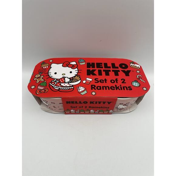 NEW Hello Kitty Ceramic Ramekins Dishes Set Of 2 Pink Candy Cane Dress - Picture 3 of 8